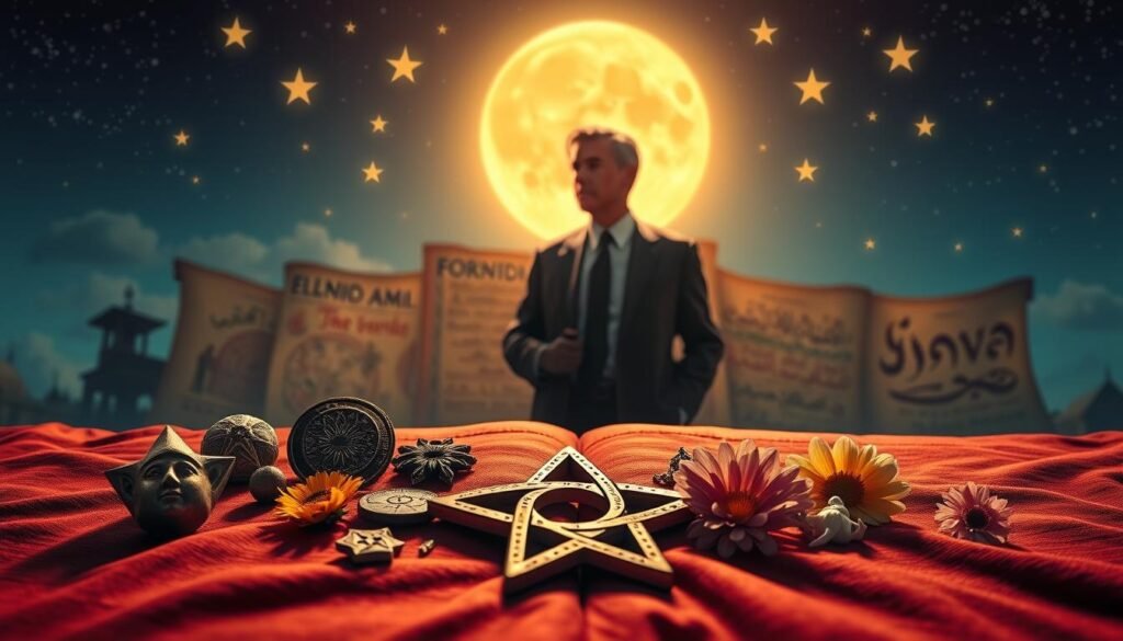 A visually striking composition showcasing the cultural significance of the number seven. In the foreground, an elegant arrangement of seven diverse cultural symbols, such as a seven-pointed star, an ancient artifact, and seven flowers, on a richly textured fabric. In the middle ground, a silhouette of a wise figure in professional attire, gazing thoughtfully at a backdrop filled with historical imagery—like ancient manuscripts and celestial charts—representing the number seven's importance across cultures. The background features a tranquil night sky filled with seven prominent stars, softly illuminated by moonlight. Use soft, warm lighting to create a mystical atmosphere, captured with a slight depth of field to focus on the foreground elements while the background gently blurs, enhancing the overall ambiance of reverence and curiosity. A visually striking composition showcasing the cultural significance of the number seven. In the foreground, an elegant arrangement of seven diverse cultural symbols, such as a seven-pointed star, an ancient artifact, and seven flowers, on a richly textured fabric. In the middle ground, a silhouette of a wise figure in professional attire, gazing thoughtfully at a backdrop filled with historical imagery—like ancient manuscripts and celestial charts—representing the number seven's importance across cultures. The background features a tranquil night sky filled with seven prominent stars, softly illuminated by moonlight. Use soft, warm lighting to create a mystical atmosphere, captured with a slight depth of field to focus on the foreground elements while the background gently blurs, enhancing the overall ambiance of reverence and curiosity.