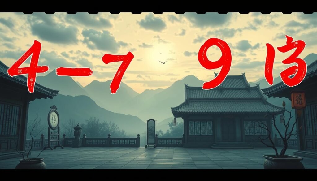 A visually striking composition that depicts the concept of "unlucky numbers" in Chinese culture. In the foreground, illustrate four digits: 4, 7, 9, and 13, artistically rendered in red with intricate Chinese calligraphy details, symbolizing misfortune. The middle ground features a traditional Chinese courtyard with subtle elements like a broken mirror and a withered plant, reflecting ill fate. In the background, soft silhouettes of mountains and a cloudy sky provide a moody atmosphere, illuminated by gentle, diffused lighting reminiscent of dusk. The overall mood should convey a sense of unease and caution regarding these numbers, making it visually engaging yet respectful to the cultural significance. Use a standard wide-angle lens to captivate the whole scene with a balanced perspective, avoiding any text or branding.