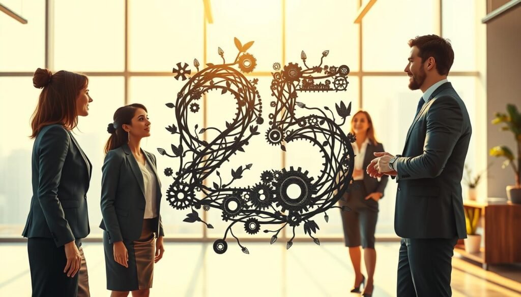 A visually striking illustration centered on the number 25, symbolically depicted in a professional office setting. In the foreground, a diverse group of three business professionals—two women and one man—are engaged in a collaborative discussion, dressed in smart business attire. The middle ground features a large, artistic representation of the number 25, crafted from intertwining vines and gears, symbolizing growth and connection in relationships and work life. In the background, a bright, open office space with large windows allows warm sunlight to filter in, creating a positive and optimistic atmosphere. Soft, natural lighting enhances the scene, evoking a sense of harmony and collaboration. The angle is slightly tilted to convey dynamism, emphasizing the importance of the number 25 in shaping both personal and professional lives.
