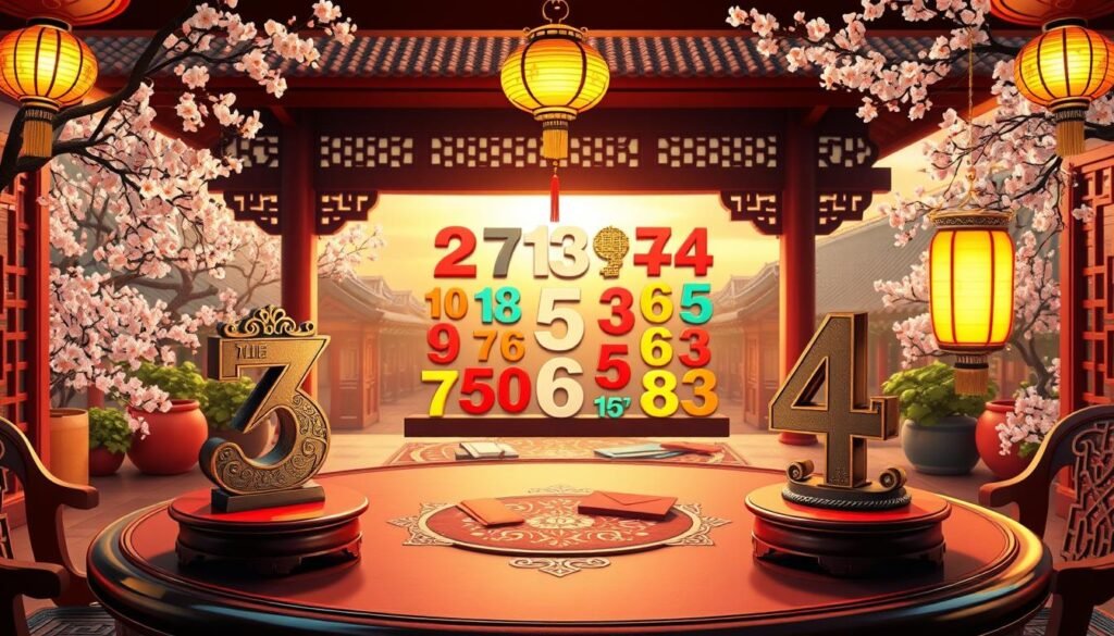 A visually striking illustration depicting the concept of "Lucky and Unlucky Numbers in Chinese Culture." In the foreground, a beautifully crafted round table features ornate Chinese numerals 7 (lucky) and 4 (unlucky) prominently displayed, surrounded by symbolic items like a red envelope and a Chinese lantern glowing softly. In the middle ground, an elegant display of various Chinese numbers is arranged, featuring vibrant colors representing luck and misfortune, with subtle hints of gold and red to evoke prosperity. The background should feature a serene Asian garden with cherry blossoms and traditional architecture, bathed in warm, golden hour lighting. The atmosphere conveys a sense of harmony and cultural richness, inviting viewers to contemplate the significance of numbers in Chinese culture.