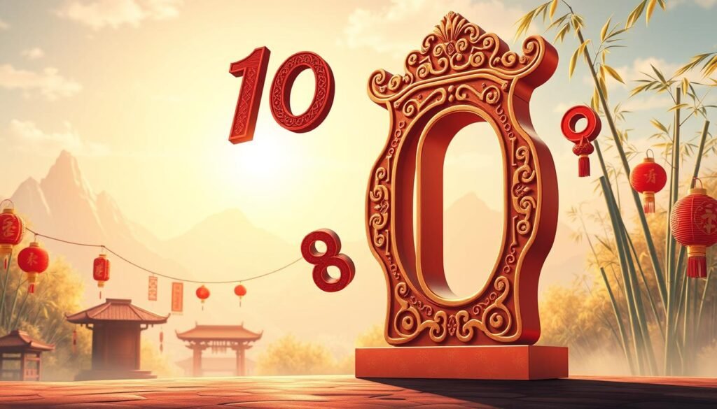 A visually striking illustration that compares the number 10 with other prominent Chinese numbers, such as 8 and 9. In the foreground, a large, ornate representation of the number 10, embellished with traditional Chinese motifs, stands proudly. Surrounding it, smaller, equally styled versions of the numbers 8 and 9 float, showcasing their significance. In the middle ground, a subtle representation of a festive Chinese celebration, like lanterns and decorative banners, adds context. The background features a serene landscape with soft mountains and bamboo, illuminated by warm, golden sunlight, evoking a peaceful and auspicious atmosphere. The overall composition should feel balanced and harmonious, capturing the cultural richness and symbolism of these numbers, ideal for an educational context. A visually striking illustration that compares the number 10 with other prominent Chinese numbers, such as 8 and 9. In the foreground, a large, ornate representation of the number 10, embellished with traditional Chinese motifs, stands proudly. Surrounding it, smaller, equally styled versions of the numbers 8 and 9 float, showcasing their significance. In the middle ground, a subtle representation of a festive Chinese celebration, like lanterns and decorative banners, adds context. The background features a serene landscape with soft mountains and bamboo, illuminated by warm, golden sunlight, evoking a peaceful and auspicious atmosphere. The overall composition should feel balanced and harmonious, capturing the cultural richness and symbolism of these numbers, ideal for an educational context.