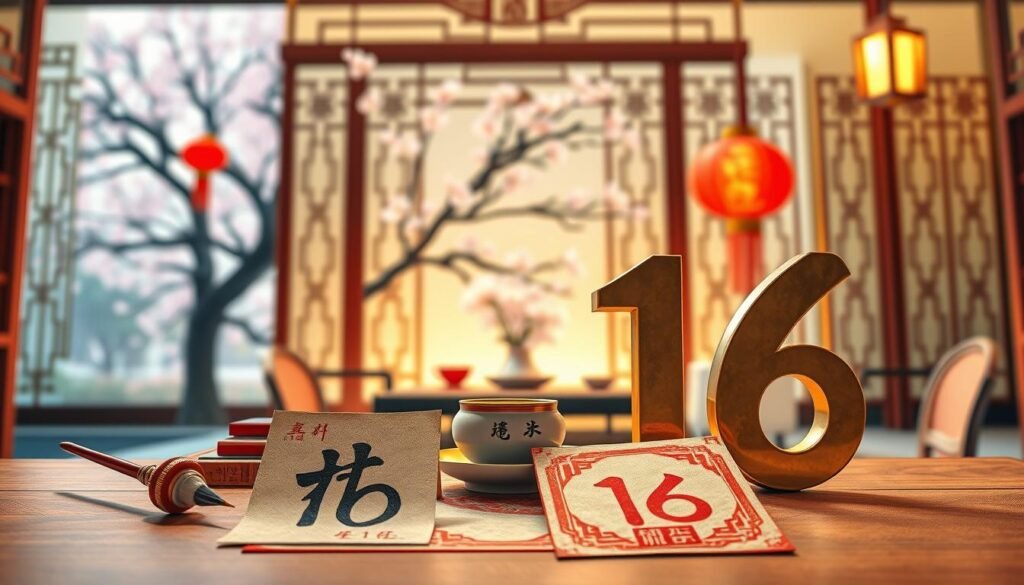 A visually striking image depicting the significance of numbers in Chinese culture, focusing on the number 16. In the foreground, include traditional Chinese elements like a beautiful calligraphy brush and ink set, along with decorative paper showcasing the characters for 1 and 6, intricately designed. In the middle ground, illustrate a serene table setting adorned with red lanterns and subtle gold accents, representing luck, and a traditional Chinese tea set, symbolizing harmony. The background should feature a softly lit room with ornate wooden panels and a subtle view of a blooming cherry blossom tree outside, enhancing the cultural context. Capture a warm, inviting ambiance with soft, golden lighting; aiming for a cozy, introspective atmosphere to reflect on the meanings of numbers in this tradition. The composition should be well-balanced, drawing the viewer’s eye through the layers of elements.