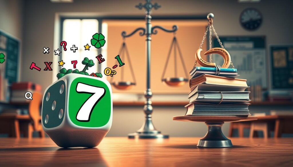A visually striking image illustrating the concept of "Is 7 Really Lucky? A Look at the Math Behind It." In the foreground, a colorful seven-sided die prominently displays the number 7, surrounded by playful mathematical symbols like plus signs and equations. In the middle ground, a balanced scale symbolizes the weighing of luck versus logic, with one side holding objects associated with luck, like a four-leaf clover and horseshoe, and the other side weighed down by mathematical books and graphs. The background features a softly blurred classroom setting, with warm, ambient lighting filtering through a large window. The mood is inquisitive and thought-provoking, inviting viewers to explore the intersection of luck and mathematics. The image should have a realistic style with a focus on clarity and detail, captured from a slightly elevated angle to encompass all elements effectively. A visually striking image illustrating the concept of "Is 7 Really Lucky? A Look at the Math Behind It." In the foreground, a colorful seven-sided die prominently displays the number 7, surrounded by playful mathematical symbols like plus signs and equations. In the middle ground, a balanced scale symbolizes the weighing of luck versus logic, with one side holding objects associated with luck, like a four-leaf clover and horseshoe, and the other side weighed down by mathematical books and graphs. The background features a softly blurred classroom setting, with warm, ambient lighting filtering through a large window. The mood is inquisitive and thought-provoking, inviting viewers to explore the intersection of luck and mathematics. The image should have a realistic style with a focus on clarity and detail, captured from a slightly elevated angle to encompass all elements effectively.