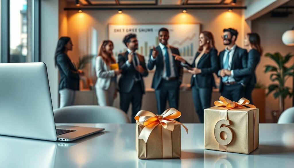 A visually striking image showcasing the significance of the number 6 in business and gift-giving. In the foreground, a stylish, modern office desk featuring a sleek laptop, a decorative item shaped like the number 6, and a beautifully wrapped gift box, accented with elegant ribbons, indicating its importance. In the middle ground, a diverse group of professionals in business attire discussing with enthusiasm while pointing at a chart displaying growth statistics related to the number 6. The background features a stylish office environment with soft, warm lighting that creates a welcoming atmosphere, with a minimalist design that emphasizes professionalism and creativity. The overall mood is optimistic and dynamic, highlighting the positive associations of the number 6 in various business contexts. A visually striking image showcasing the significance of the number 6 in business and gift-giving. In the foreground, a stylish, modern office desk featuring a sleek laptop, a decorative item shaped like the number 6, and a beautifully wrapped gift box, accented with elegant ribbons, indicating its importance. In the middle ground, a diverse group of professionals in business attire discussing with enthusiasm while pointing at a chart displaying growth statistics related to the number 6. The background features a stylish office environment with soft, warm lighting that creates a welcoming atmosphere, with a minimalist design that emphasizes professionalism and creativity. The overall mood is optimistic and dynamic, highlighting the positive associations of the number 6 in various business contexts.