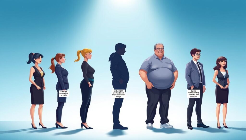 A visually striking infographic illustrating health risks associated with different BMI ranges. In the foreground, vibrant and diverse illustrations of professional individuals in modest business attire, each standing beside a labeled silhouette representing various BMI categories: underweight, normal weight, overweight, and obesity, clearly showing associated health risks like heart disease, diabetes, and hypertension. In the middle, a smooth gradient background transitioning from light blue for healthy BMI to a darker hue for unhealthy ranges. The lighting is bright and engaging, creating a positive yet informative atmosphere. Use a slight overhead angle to capture the full scale of the figures, with soft shadows to add depth. The overall mood should be educational and motivating, encouraging viewers to consider their health.