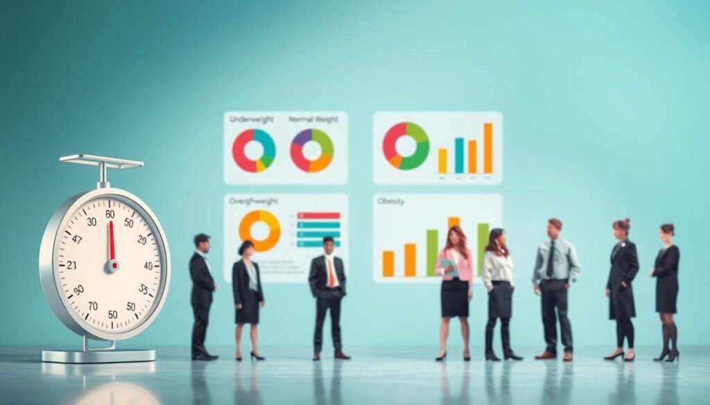 A visually striking infographic showcasing a BMI breakdown and its health implications, featuring a clean, professional design. In the foreground, include an illustrated scale with a numeric BMI reading alongside human silhouettes in diverse body types, all dressed in professional business attire. The middle section should feature pie charts and bar graphs that represent the BMI categories (underweight, normal weight, overweight, obesity) with vibrant colors for easy distinction. In the background, a comforting, soft gradient of blues and greens suggests a calm and informative atmosphere. Use soft, diffused lighting to enhance the clarity of the graphics, and a slightly elevated angle to provide a comprehensive view. The overall mood should be educational and inviting for readers seeking to understand their BMI numbers and related health information.