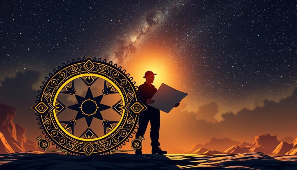 A visually striking representation of "Master Builder Energy" associated with the number 22 in numerology. In the foreground, feature a large, ornate number "22" designed with intricate geometric patterns and symbols that represent balance and harmony. The middle ground includes a silhouette of a wise, confident architect examining blueprints under soft, ambient lighting. The background showcases a celestial sky filled with stars and constellations, symbolizing infinite potential and inspiration. The overall mood is empowering, evoking a sense of enlightenment and creativity. Use a warm color palette, with gentle golden hues illuminating the scene, captured with a cinematic lens to create depth and focus. A visually striking representation of "Master Builder Energy" associated with the number 22 in numerology. In the foreground, feature a large, ornate number "22" designed with intricate geometric patterns and symbols that represent balance and harmony. The middle ground includes a silhouette of a wise, confident architect examining blueprints under soft, ambient lighting. The background showcases a celestial sky filled with stars and constellations, symbolizing infinite potential and inspiration. The overall mood is empowering, evoking a sense of enlightenment and creativity. Use a warm color palette, with gentle golden hues illuminating the scene, captured with a cinematic lens to create depth and focus.