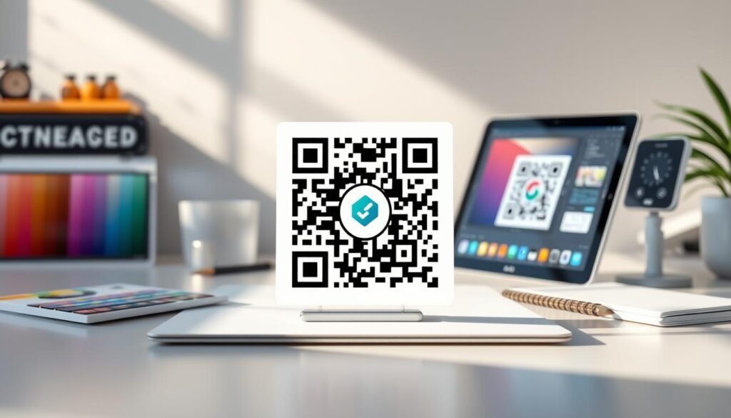 A visually striking representation of a customizable QR code, prominently displayed in the foreground, showcasing vibrant colors and adorned with a logo. The QR code is set against a sleek, modern workspace background that features design tools like color palettes and a digital tablet displaying design software. Soft, natural lighting enhances the scene, casting gentle shadows and creating a welcoming atmosphere. The angle is slightly elevated, allowing for a clear view of both the QR code and the surrounding design elements. The overall mood conveys creativity and innovation, inviting viewers to explore customization options for their own QR codes. The image should be clean, professional, and focused solely on the design theme, with no text or distractions. A visually striking representation of a customizable QR code, prominently displayed in the foreground, showcasing vibrant colors and adorned with a logo. The QR code is set against a sleek, modern workspace background that features design tools like color palettes and a digital tablet displaying design software. Soft, natural lighting enhances the scene, casting gentle shadows and creating a welcoming atmosphere. The angle is slightly elevated, allowing for a clear view of both the QR code and the surrounding design elements. The overall mood conveys creativity and innovation, inviting viewers to explore customization options for their own QR codes. The image should be clean, professional, and focused solely on the design theme, with no text or distractions.