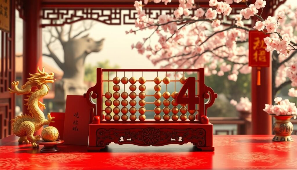 A visually striking representation of lucky and unlucky numbers in Chinese culture, focusing on the numbers 8 and 4. In the foreground, an ornate, red lacquered table adorned with vibrant feng shui objects, such as a golden dragon and a red envelope. In the middle, prominently display a large, traditional Chinese abacus with beads shaped like the numbers 8 and 4, conveying luck and misfortune, respectively. The background features a serene Chinese garden with blooming cherry blossoms, symbolizing prosperity and renewal. Soft, warm lighting enhances the atmosphere, casting gentle shadows that reflect cultural significance. The composition should evoke a sense of harmony and intrigue, inviting viewers to explore the nuances of Chinese numerology. A visually striking representation of lucky and unlucky numbers in Chinese culture, focusing on the numbers 8 and 4. In the foreground, an ornate, red lacquered table adorned with vibrant feng shui objects, such as a golden dragon and a red envelope. In the middle, prominently display a large, traditional Chinese abacus with beads shaped like the numbers 8 and 4, conveying luck and misfortune, respectively. The background features a serene Chinese garden with blooming cherry blossoms, symbolizing prosperity and renewal. Soft, warm lighting enhances the atmosphere, casting gentle shadows that reflect cultural significance. The composition should evoke a sense of harmony and intrigue, inviting viewers to explore the nuances of Chinese numerology.
