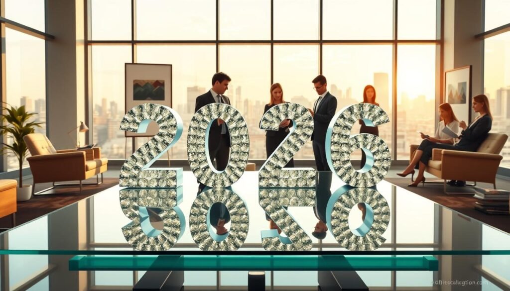 A visually striking representation of the 2026 career numerology lucky number concept illustrated in an elegant office setting. In the foreground, a clear glass table reflects a large, luminous number "2026" crafted from sparkling gemstones, symbolizing prosperity. Surrounding the number, professional individuals in business attire are engaged in focused discussions, analyzing charts and papers, conveying a sense of ambition and collaboration. The middle ground features a modern office with sleek furniture and motivational artwork on the walls. In the background, large windows reveal a sunny city skyline, filling the space with natural light that enhances the optimistic atmosphere. The overall mood is one of hope and determination for career advancement, with a warm color palette and soft focus to convey a sense of tranquility amidst productivity. A visually striking representation of the 2026 career numerology lucky number concept illustrated in an elegant office setting. In the foreground, a clear glass table reflects a large, luminous number "2026" crafted from sparkling gemstones, symbolizing prosperity. Surrounding the number, professional individuals in business attire are engaged in focused discussions, analyzing charts and papers, conveying a sense of ambition and collaboration. The middle ground features a modern office with sleek furniture and motivational artwork on the walls. In the background, large windows reveal a sunny city skyline, filling the space with natural light that enhances the optimistic atmosphere. The overall mood is one of hope and determination for career advancement, with a warm color palette and soft focus to convey a sense of tranquility amidst productivity.