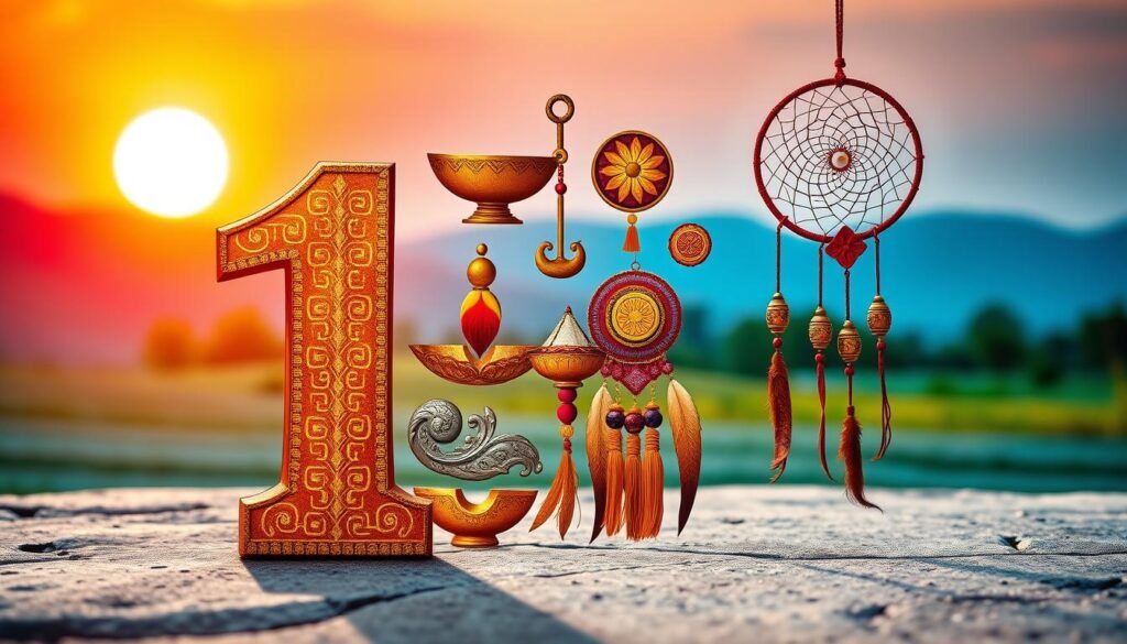 A visually striking representation of the cultural significance of the number 1, focusing on a vibrant collage that showcases symbols from various cultures interpreting this number. In the foreground, a large, ornate numeral "1" in gold, embellished with intricate patterns. In the middle ground, cultural artifacts such as a Chinese lantern symbolizing good fortune, an Indian diya representing new beginnings, and a Native American dreamcatcher reflecting unity. The background features a serene landscape with a soft sunset, casting warm, inviting light across the scene, enhancing the mood of positivity and hope. Use a wide-angle lens to capture the entire scene, ensuring a harmonious blend of colors that create an uplifting atmosphere without any text or distractions. A visually striking representation of the cultural significance of the number 1, focusing on a vibrant collage that showcases symbols from various cultures interpreting this number. In the foreground, a large, ornate numeral "1" in gold, embellished with intricate patterns. In the middle ground, cultural artifacts such as a Chinese lantern symbolizing good fortune, an Indian diya representing new beginnings, and a Native American dreamcatcher reflecting unity. The background features a serene landscape with a soft sunset, casting warm, inviting light across the scene, enhancing the mood of positivity and hope. Use a wide-angle lens to capture the entire scene, ensuring a harmonious blend of colors that create an uplifting atmosphere without any text or distractions.