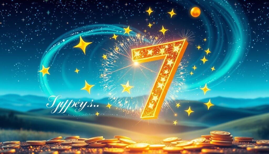 A visually striking representation of the "lucky number concept" featuring a large, golden number seven in the foreground, symbolizing luck, surrounded by shimmering stars and coins. In the middle ground, a mystical, swirling aura of blue and green light enhances the magical theme. In the background, a soft, blurred landscape of rolling hills and a clear night sky filled with twinkling stars adds depth. The scene is illuminated by ethereal light, creating a serene yet vibrant atmosphere. The angle is slightly tilted to give a dynamic perspective, inviting viewers to delve into the world of superstitions and beliefs surrounding lucky numbers. The overall mood is hopeful and enchanting, encapsulating the mystery of why people are drawn to certain numbers for luck. A visually striking representation of the "lucky number concept" featuring a large, golden number seven in the foreground, symbolizing luck, surrounded by shimmering stars and coins. In the middle ground, a mystical, swirling aura of blue and green light enhances the magical theme. In the background, a soft, blurred landscape of rolling hills and a clear night sky filled with twinkling stars adds depth. The scene is illuminated by ethereal light, creating a serene yet vibrant atmosphere. The angle is slightly tilted to give a dynamic perspective, inviting viewers to delve into the world of superstitions and beliefs surrounding lucky numbers. The overall mood is hopeful and enchanting, encapsulating the mystery of why people are drawn to certain numbers for luck.