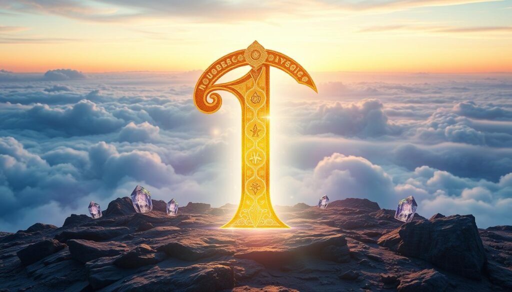 A visually striking representation of the number 1 in numerology, centered in the foreground as a large, elegant numeral made of shimmering gold with intricate symbols and patterns that signify leadership and individuality. Surrounding the number, a glowing aura of soft light in shades of blue and purple enhances the mystical quality of numerology. In the middle ground, subtle representations of astrological symbols and crystals add depth and context to the theme. The background features a serene, ethereal landscape with gentle clouds and a warm gradient sky, conveying a sense of enlightenment and possibility. The overall atmosphere is uplifting and introspective, capturing the essence of the number 1 as a foundation of strength and uniqueness. The lighting is soft and magical, with a perspective that invites the viewer to explore the significance of the number 1. A visually striking representation of the number 1 in numerology, centered in the foreground as a large, elegant numeral made of shimmering gold with intricate symbols and patterns that signify leadership and individuality. Surrounding the number, a glowing aura of soft light in shades of blue and purple enhances the mystical quality of numerology. In the middle ground, subtle representations of astrological symbols and crystals add depth and context to the theme. The background features a serene, ethereal landscape with gentle clouds and a warm gradient sky, conveying a sense of enlightenment and possibility. The overall atmosphere is uplifting and introspective, capturing the essence of the number 1 as a foundation of strength and uniqueness. The lighting is soft and magical, with a perspective that invites the viewer to explore the significance of the number 1.