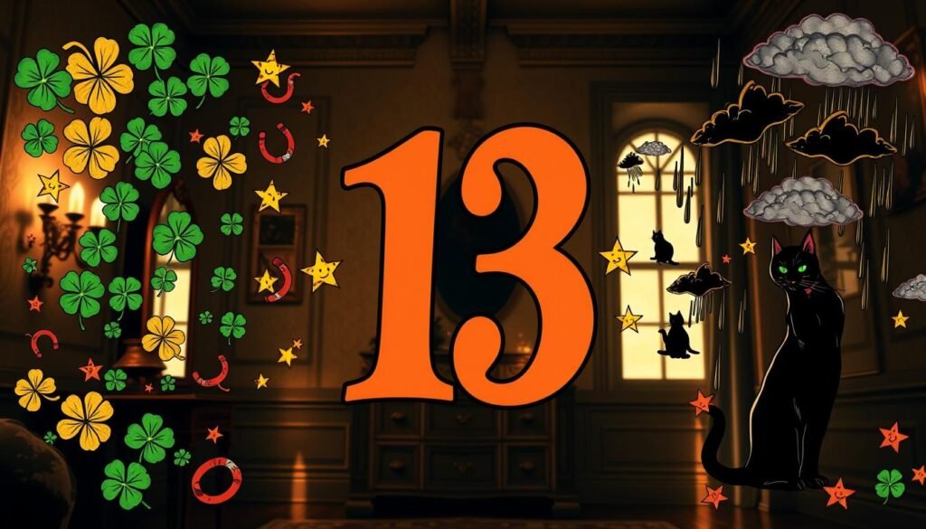 A visually striking representation of the number 13, prominently displayed in an elegant, classic font at the center of the image. Surround the number with a blend of both lucky and unlucky symbols: on one side, vibrant four-leaf clovers, horseshoes, and smiling stars; on the other side, broken mirrors, black cats, and ominous rain clouds. In the background, a dimly lit vintage room conveys an air of mystique, with shadows playing along the walls. Use warm, soft lighting to create a contrast between the comforting and eerie symbols. Capture the scene from a slightly elevated angle, focusing on the interplay of light and shadow to evoke a thought-provoking atmosphere that hints at the contrasting beliefs surrounding the number 13. A visually striking representation of the number 13, prominently displayed in an elegant, classic font at the center of the image. Surround the number with a blend of both lucky and unlucky symbols: on one side, vibrant four-leaf clovers, horseshoes, and smiling stars; on the other side, broken mirrors, black cats, and ominous rain clouds. In the background, a dimly lit vintage room conveys an air of mystique, with shadows playing along the walls. Use warm, soft lighting to create a contrast between the comforting and eerie symbols. Capture the scene from a slightly elevated angle, focusing on the interplay of light and shadow to evoke a thought-provoking atmosphere that hints at the contrasting beliefs surrounding the number 13.