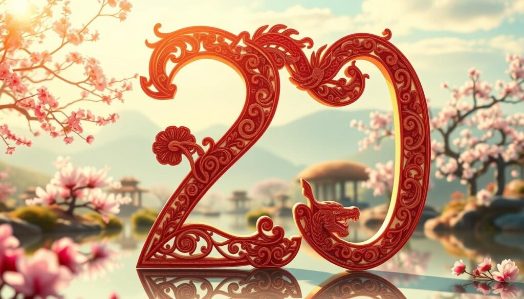 A visually striking representation of the number 20, centered in the foreground, intricately designed with traditional Chinese motifs like dragons and peonies, symbolizing good fortune. In the middle ground, a serene landscape depicting a Chinese garden, with blooming cherry blossom trees and a tranquil pond reflecting the number 20. In the background, soft hills and a clear blue sky add depth to the scene, enhancing the mood of tranquility and luck. The lighting is warm and golden, suggesting a magical atmosphere, with gentle sunlight illuminating the number and garden. The composition is balanced and harmonious, evoking a sense of celebration and cultural significance. A visually striking representation of the number 20, centered in the foreground, intricately designed with traditional Chinese motifs like dragons and peonies, symbolizing good fortune. In the middle ground, a serene landscape depicting a Chinese garden, with blooming cherry blossom trees and a tranquil pond reflecting the number 20. In the background, soft hills and a clear blue sky add depth to the scene, enhancing the mood of tranquility and luck. The lighting is warm and golden, suggesting a magical atmosphere, with gentle sunlight illuminating the number and garden. The composition is balanced and harmonious, evoking a sense of celebration and cultural significance.