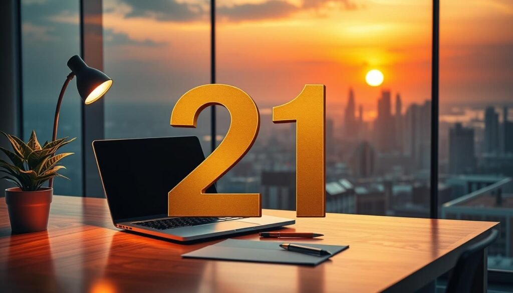 A visually striking representation of the number 21, elegantly displayed in a rich gold color, surrounded by elements symbolizing career success and financial growth. In the foreground, a polished wooden desk adorned with a laptop, a potted plant, and a notepad, evokes a professional workspace. The middle ground features charts and graphs showcasing upward trends, with a soft, warm glow illuminating them. In the background, a panoramic view of a modern city skyline under a vibrant sunset emphasizes ambition and prosperity. The lighting is soft and inviting, creating an aspirational mood. This image captures the essence of the positive energies and potential associated with the number 21 in the realms of career and finance.