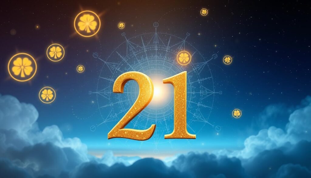 A visually striking representation of the number "21" in a mystical and ethereal style, prominently placed in the foreground with a shimmering gold texture. The number is surrounded by floating orbs of light, each symbolizing luck and fortune, radiating a soft glow that highlights its significance. In the middle ground, an abstract depiction of numerological symbols and astrological motifs creates a dynamic backdrop, with swirling cosmic patterns and stars to enhance the magical atmosphere. The background features a deep blue sky transitioning into a twilight gradient, offering a serene yet powerful mood. The scene is illuminated with soft, diffused lighting, simulating a dreamlike quality. Capture the essence of luck and positivity in a harmonious, balanced composition, with a focus on the enchanting significance of the number 21.