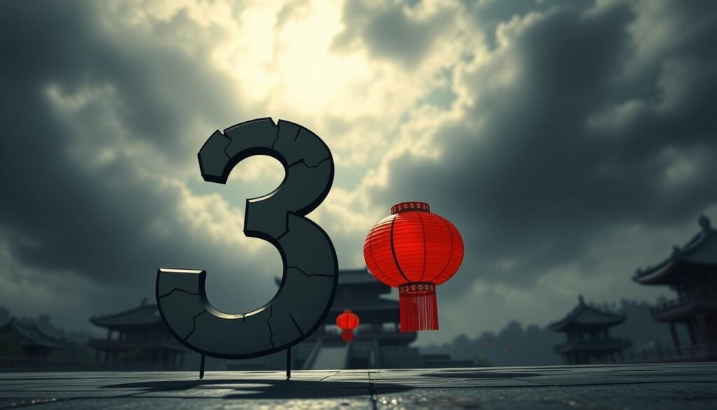 A visually striking representation of the number 3 in a context that symbolizes misfortune in Chinese culture. In the foreground, prominently display the number 3, designed in a traditional Chinese style, with cracks running through it to denote bad luck. In the middle ground, include a pair of red Chinese lanterns, symbols of celebrations, slightly dimmed to suggest an ominous undertone. The background should feature a cloudy, darkened sky casting a moody atmosphere, with faint outlines of traditional Chinese architecture, such as pagodas, in shadow. Utilize soft, diffused lighting to create a melancholic yet intriguing ambiance. The angle should be slightly below eye level, lending a sense of unease regarding the number’s significance.