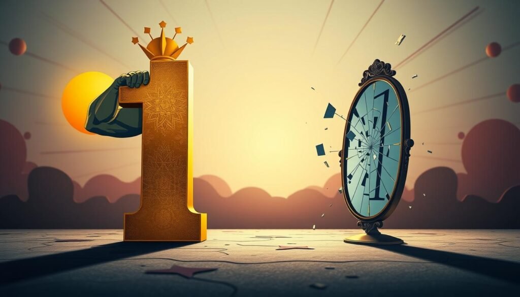 A visually striking representation of the strengths and weaknesses of the number 1, featuring a balanced composition. In the foreground, a large golden numeral "1" stands proudly, adorned with symbols of strength such as a muscular arm and a glowing sun to its left, representing vitality and leadership. To its right, a fragile mirror shatters, symbolizing its weaknesses like isolation and vulnerability. In the middle ground, a soft gradient transitions from bright warmth on the left to shadowy coolness on the right, enhancing the contrast between strength and weakness. The background features abstract shapes and patterns radiating outward, suggesting the potential influence of the number 1. The scene is illuminated with dynamic lighting that casts interesting shadows, creating a contemplative mood. The perspective is slightly low, giving prominence to the number and inviting viewers to engage with the concepts presented. A visually striking representation of the strengths and weaknesses of the number 1, featuring a balanced composition. In the foreground, a large golden numeral "1" stands proudly, adorned with symbols of strength such as a muscular arm and a glowing sun to its left, representing vitality and leadership. To its right, a fragile mirror shatters, symbolizing its weaknesses like isolation and vulnerability. In the middle ground, a soft gradient transitions from bright warmth on the left to shadowy coolness on the right, enhancing the contrast between strength and weakness. The background features abstract shapes and patterns radiating outward, suggesting the potential influence of the number 1. The scene is illuminated with dynamic lighting that casts interesting shadows, creating a contemplative mood. The perspective is slightly low, giving prominence to the number and inviting viewers to engage with the concepts presented.