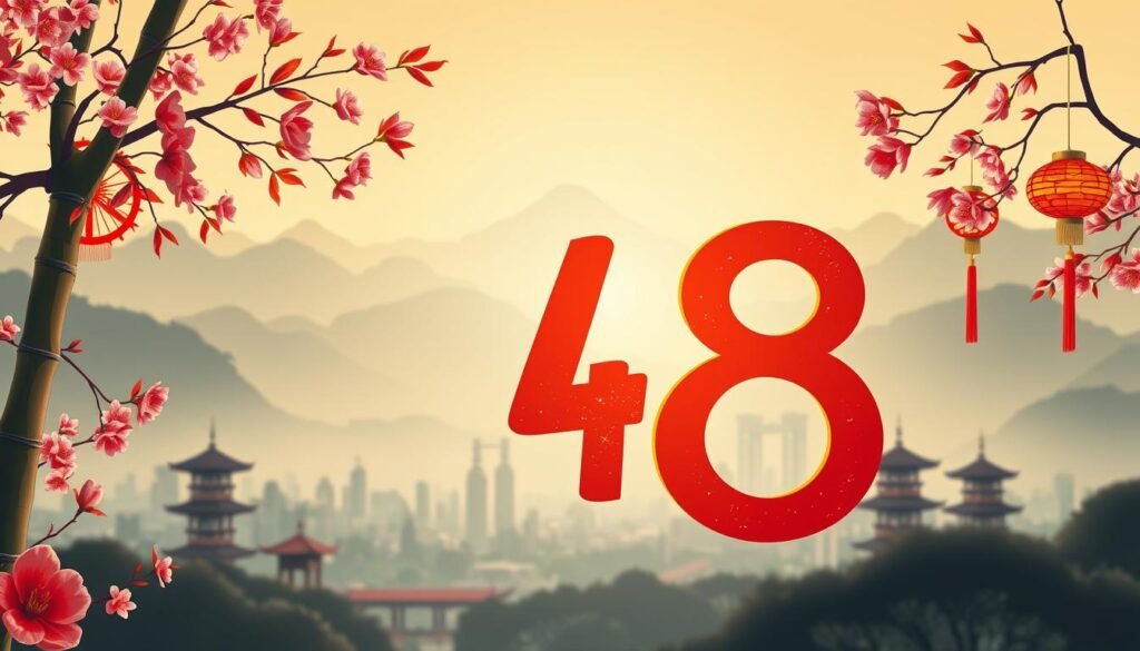 A visually striking representation of unlucky numbers in China, focusing on the digits 4 and 8, which are often avoided due to cultural beliefs. In the foreground, skillfully crafted illustrations of the numbers 4 and 8 in bold, red tones, surrounded by traditional Chinese motifs like cherry blossoms and bamboo. The middle ground features an abstract interpretation of a city skyline, subtly incorporating elements like pagodas and lanterns, enhancing the Chinese cultural atmosphere. In the background, a soft-focus of misty mountains, symbolizing serenity yet evoking a sense of caution. The lighting is warm and inviting, casting gentle shadows. The scene captures a contemplative mood, urging viewers to reflect on the cultural significance of these numbers while maintaining an air of elegance and reverence. A visually striking representation of unlucky numbers in China, focusing on the digits 4 and 8, which are often avoided due to cultural beliefs. In the foreground, skillfully crafted illustrations of the numbers 4 and 8 in bold, red tones, surrounded by traditional Chinese motifs like cherry blossoms and bamboo. The middle ground features an abstract interpretation of a city skyline, subtly incorporating elements like pagodas and lanterns, enhancing the Chinese cultural atmosphere. In the background, a soft-focus of misty mountains, symbolizing serenity yet evoking a sense of caution. The lighting is warm and inviting, casting gentle shadows. The scene captures a contemplative mood, urging viewers to reflect on the cultural significance of these numbers while maintaining an air of elegance and reverence.