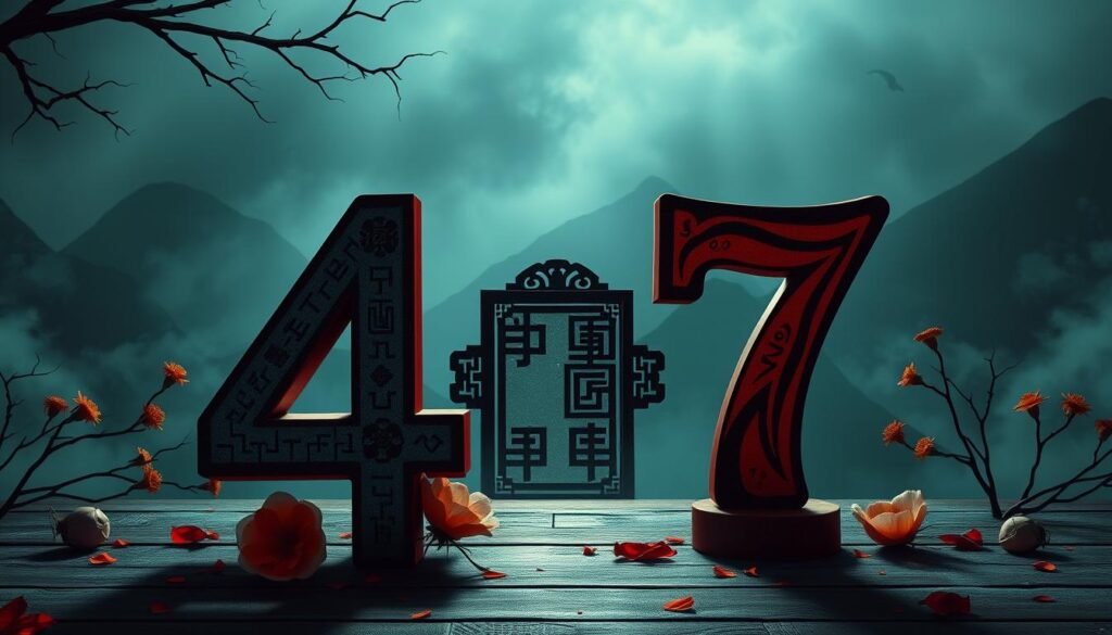 A visually striking representation of unlucky numbers in Chinese culture, featuring the digits '4' and '7' artistically depicted in the foreground. The numbers should be designed with traditional Chinese motifs, such as intricate patterns and symbols, set against a rich, dark background that evokes a sense of foreboding. In the middle ground, add ominous objects like broken mirrors and wilted flowers to symbolize bad luck, with soft, diffused lighting casting eerie shadows. The background should consist of a stylized Chinese landscape, perhaps with mist-covered mountains, contributing to the overall atmosphere of superstition. Use a slightly downward angle to enhance the intensity of the scene, creating a captivating mood that resonates with the theme of unfortunate numbers in Chinese culture. A visually striking representation of unlucky numbers in Chinese culture, featuring the digits '4' and '7' artistically depicted in the foreground. The numbers should be designed with traditional Chinese motifs, such as intricate patterns and symbols, set against a rich, dark background that evokes a sense of foreboding. In the middle ground, add ominous objects like broken mirrors and wilted flowers to symbolize bad luck, with soft, diffused lighting casting eerie shadows. The background should consist of a stylized Chinese landscape, perhaps with mist-covered mountains, contributing to the overall atmosphere of superstition. Use a slightly downward angle to enhance the intensity of the scene, creating a captivating mood that resonates with the theme of unfortunate numbers in Chinese culture.