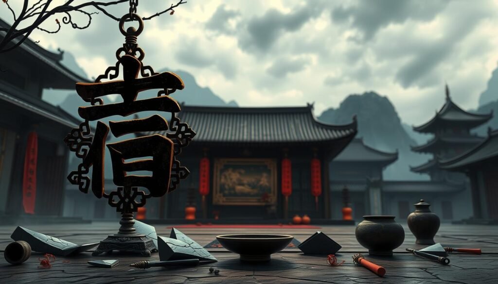 A visually striking representation of unlucky numbers in Chinese culture, featuring the number 4 prominently, as it symbolizes death. In the foreground, display intricately designed Chinese characters for 'four', surrounded by ominous symbols like broken mirrors and cracked pottery, suggesting bad luck. In the middle ground, showcase a traditional Chinese setting, perhaps a dimly lit room adorned with red decorations and a small altar, creating a solemn atmosphere. The background depicts shadowy outlines of Chinese temples under a cloudy sky, enhancing the foreboding mood. Use soft, diffused lighting to evoke a sense of mystery and superstition, with a slight vignette effect to focus attention on the unlucky elements. The overall tone should be evocative and thought-provoking, illustrating the deep cultural meanings behind these numbers. A visually striking representation of unlucky numbers in Chinese culture, featuring the number 4 prominently, as it symbolizes death. In the foreground, display intricately designed Chinese characters for 'four', surrounded by ominous symbols like broken mirrors and cracked pottery, suggesting bad luck. In the middle ground, showcase a traditional Chinese setting, perhaps a dimly lit room adorned with red decorations and a small altar, creating a solemn atmosphere. The background depicts shadowy outlines of Chinese temples under a cloudy sky, enhancing the foreboding mood. Use soft, diffused lighting to evoke a sense of mystery and superstition, with a slight vignette effect to focus attention on the unlucky elements. The overall tone should be evocative and thought-provoking, illustrating the deep cultural meanings behind these numbers.