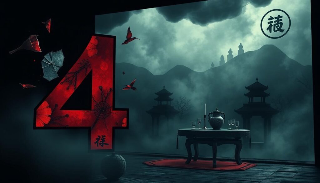 A visually striking representation of unlucky numbers in Chinese culture, focusing on the number "4." In the foreground, a large, stylized number "4" is artistically intertwined with ominous symbols like broken mirrors and dark clouds. The middle section features traditional Chinese objects like a cracked vase and an empty table setting, suggesting misfortune. The background displays a misty, shadowy landscape with subtle imagery of the Chinese character for death, evoking a sense of foreboding. Soft, dim lighting enhances the mood, creating eerie shadows that add depth, while the scene is captured from a slightly angled perspective to emphasize tension. The atmosphere is unsettling yet captivating, inviting viewers to reflect on the cultural significance of these unlucky numbers.