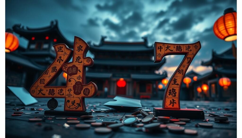 A visually striking representation of unlucky numbers in Chinese culture, focusing primarily on the numbers 4 and 7, known for their associations with misfortune. In the foreground, creatively displayed numerals (4 and 7) crafted from ancient Chinese calligraphy, overflow with intricate patterns and subtle hints of red and black accents conveying a sense of foreboding. The middle ground features ominous symbols like broken mirrors and scattered coins, adding to the theme of bad luck. In the background, softly blurred traditional Chinese architecture under a moody twilight sky enhances the overall atmosphere, utilizing cool and warm lighting contrasts. Capture this composition with a wide-angle lens to create depth and maintain a balanced focus on the elements, inviting viewers into the world of superstitions and beliefs with an unsettling yet captivating mood. A visually striking representation of unlucky numbers in Chinese culture, focusing primarily on the numbers 4 and 7, known for their associations with misfortune. In the foreground, creatively displayed numerals (4 and 7) crafted from ancient Chinese calligraphy, overflow with intricate patterns and subtle hints of red and black accents conveying a sense of foreboding. The middle ground features ominous symbols like broken mirrors and scattered coins, adding to the theme of bad luck. In the background, softly blurred traditional Chinese architecture under a moody twilight sky enhances the overall atmosphere, utilizing cool and warm lighting contrasts. Capture this composition with a wide-angle lens to create depth and maintain a balanced focus on the elements, inviting viewers into the world of superstitions and beliefs with an unsettling yet captivating mood.