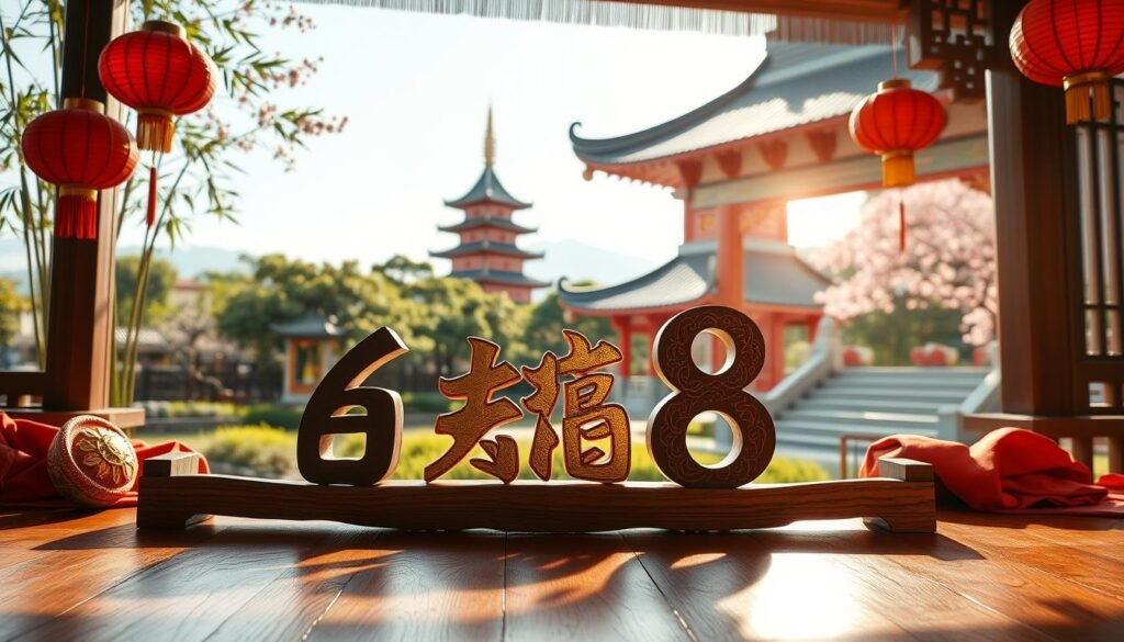 A visually striking scene highlighting the significance of numbers in Chinese culture. In the foreground, a beautifully crafted wooden table displays prominent Chinese characters for "6" and "8," intricately designed with gold accents. Surrounding the numbers are traditional Chinese elements like red lanterns and silk fabrics, representing prosperity and good fortune. In the middle ground, a serene view of a tranquil garden features bamboo and cherry blossom trees, symbolizing harmony. The background includes a majestic pagoda under a bright, clear sky, enhancing the cultural atmosphere. The lighting is warm and inviting, casting gentle shadows that evoke a sense of peace and reflection. Capture this scene from a slightly elevated angle, allowing for a comprehensive view of the elements, while fostering a mood of reverence and appreciation for Chinese numerical significance.