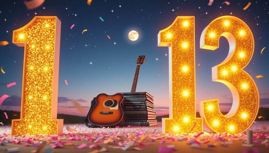 A visually stunning representation of "Lucky Number 13" associated with Taylor Swift, showcasing the number 13 in an artistic, celebratory manner. In the foreground, a large, elegant number 13 made of sparkling gold and surrounded by soft, pastel-colored confetti. In the middle ground, a vintage guitar and a stack of classic vinyl records, symbolizing Taylor's musical journey. The background features a dreamy twilight sky transitioning from deep blue to soft purple, with twinkling stars and a hint of a full moon illuminating the scene. The atmosphere is warm and nostalgic, evoking a sense of joy and personal connection, with soft lighting that creates an enchanting glow around the number 13. A wide-angle view captures the full composition, enhancing the magical feel of the image.