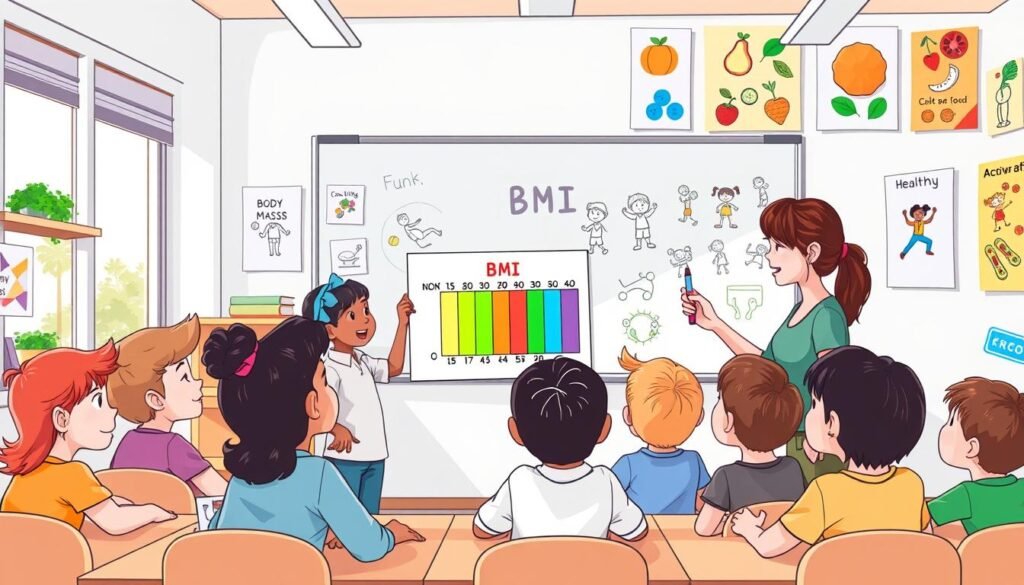 A warm and inviting illustration depicting a cozy classroom setting where a diverse group of children, aged 8 to 12, are engaged in a fun, interactive lesson about Body Mass Index (BMI). In the foreground, a teacher, wearing smart casual clothing, holds a colorful chart showing a BMI scale, while children attentively listen, some pointing at the chart with curiosity. In the middle ground, a large whiteboard displays simple graphics illustrating healthy foods and active lifestyles. The background features bright, cheerful decorations, such as posters of fruits, vegetables, and kids playing sports. Natural daylight filters in through large windows, creating a bright, encouraging atmosphere that emphasizes understanding and engagement. The overall mood is friendly and educational, promoting healthy habits for kids. A warm and inviting illustration depicting a cozy classroom setting where a diverse group of children, aged 8 to 12, are engaged in a fun, interactive lesson about Body Mass Index (BMI). In the foreground, a teacher, wearing smart casual clothing, holds a colorful chart showing a BMI scale, while children attentively listen, some pointing at the chart with curiosity. In the middle ground, a large whiteboard displays simple graphics illustrating healthy foods and active lifestyles. The background features bright, cheerful decorations, such as posters of fruits, vegetables, and kids playing sports. Natural daylight filters in through large windows, creating a bright, encouraging atmosphere that emphasizes understanding and engagement. The overall mood is friendly and educational, promoting healthy habits for kids.