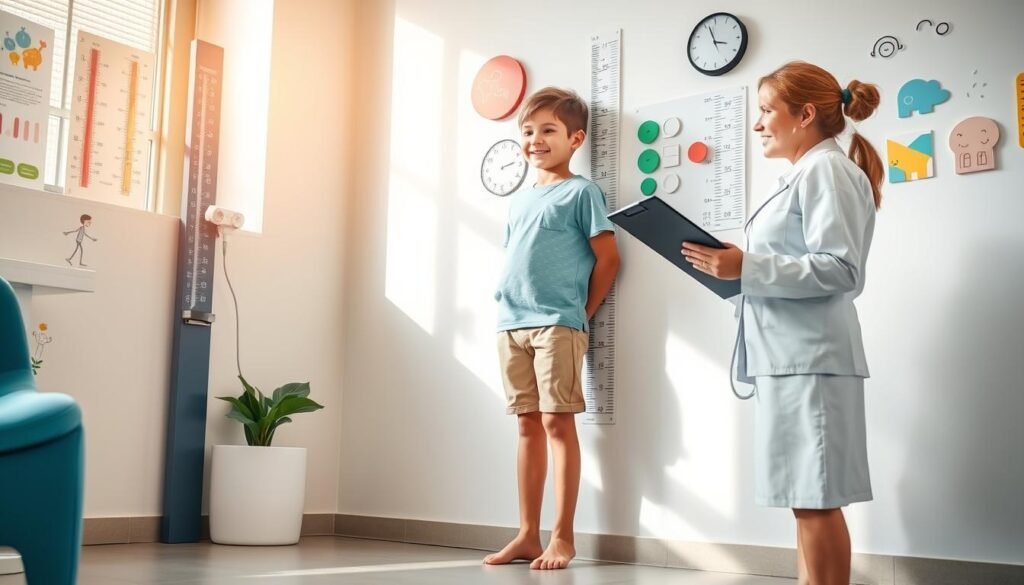A warm and inviting pediatric clinic setting is captured in this image, showcasing a caregiver gently measuring a child's height using a wall-mounted stadiometer. The child, wearing a comfortable t-shirt and shorts, stands barefoot with a cheerful expression, while the caregiver, dressed in professional business attire, holds a clipboard, focusing intently on the measurement. In the background, a wall adorned with colorful height charts and child-friendly decor enhances the atmosphere of care and growth. Soft, natural lighting filters through a window, creating a bright yet calming ambiance. The angle is slightly elevated, focusing on the interaction between the caregiver and child, conveying a sense of support and nurturing. The scene illustrates the importance of accurate height and weight measurement for children's health.