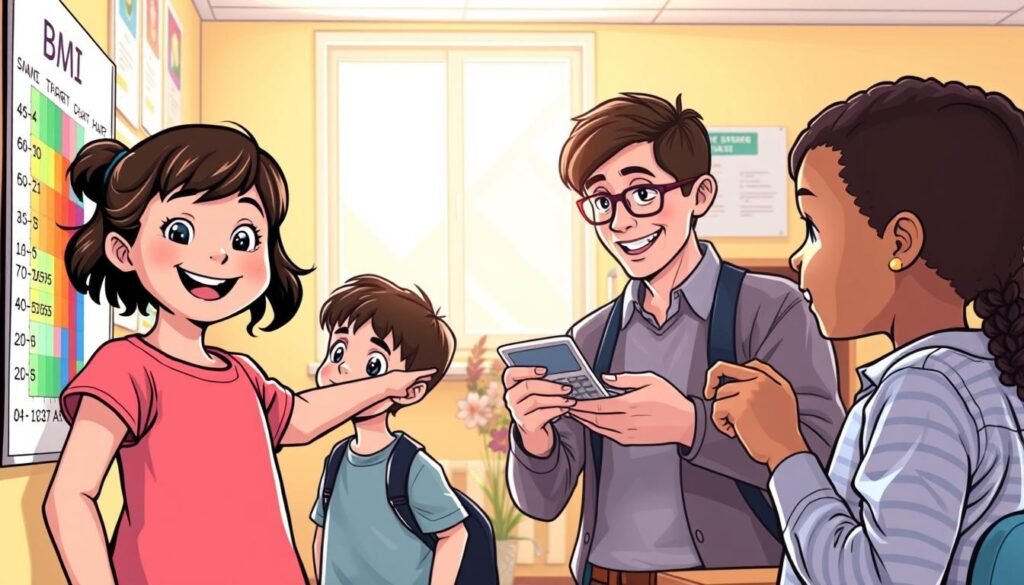 A warm and inviting scene showing a diverse group of children aged 6 to 12, engaging with a colorful BMI chart displayed on a wall in a bright classroom. In the foreground, a cheerful girl points to the chart while a focused boy examines his own BMI results, both dressed in modest casual clothing. Their expressions should convey curiosity and understanding. In the middle background, a friendly teacher, dressed in smart casual attire, is guiding another child through the calculations on a calculator. The background features educational posters and a window letting in soft, natural light, creating a bright atmosphere. The overall mood is encouraging and supportive, emphasizing the importance of understanding healthy weight in a playful and educational environment.