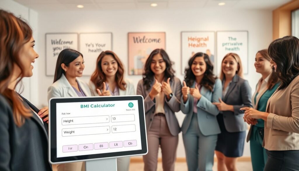A well-designed BMI calculator interface for women, featuring a sleek, modern layout with soft pastel colors like light pink, lavender, and mint green. In the foreground, display a close-up of a digital screen showing input fields for height and weight, with clear, user-friendly icons. In the middle ground, include a diverse group of women in professional attire, engaged in conversation, pointing at the calculator with expressions of curiosity and empowerment. The background showcases a welcoming clinic or wellness center with motivational health posters. The scene is illuminated by soft, natural lighting, giving it a warm and inviting atmosphere. Capture the image with a slight tilt from an above angle to create depth and focus on the calculator while ensuring the group of women appears approachable and supportive.