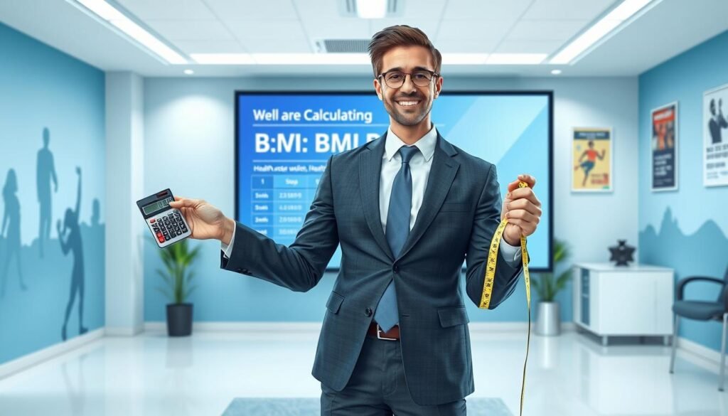 A well-dressed man in a professional business suit, standing confidently with a calculator in one hand and a tape measure in the other, illustrating the easy method to calculate BMI. He is smiling and looking approachable, positioned at the forefront of a bright, well-lit office environment. In the middle, a large digital screen displays simple BMI calculation steps and a chart with healthy BMI ranges. The background features a calming blue color scheme with health-related graphics, like silhouettes of active people, and motivational health posters on the walls. The lighting is soft and inviting, capturing an atmosphere of wellness and professionalism. The angle is slightly tilted from above, providing an overview that highlights both the man and the informative screen clearly.