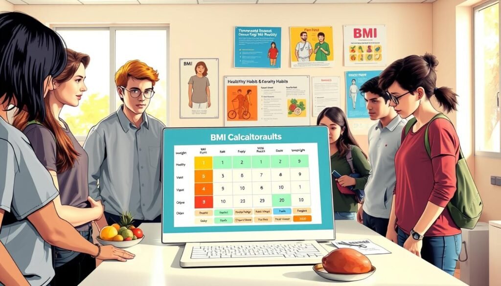 A well-lit, educational scene focused on understanding BMI results for teenagers. In the foreground, a diverse group of teenagers, dressed in casual yet modest clothing, attentively examining a chart displaying BMI categories (underweight, healthy weight, overweight, obese). Their expressions reflect curiosity and engagement. In the middle, a large BMI calculator tool is presented on a sleek modern desk surrounded by healthy food options, like fruits and vegetables, symbolizing a balanced lifestyle. The background features a bright, inviting classroom environment with posters of healthy habits and fitness. Soft natural light filters through large windows, creating a warm, uplifting atmosphere. The image conveys a sense of community, wellness, and empowerment in health understanding.