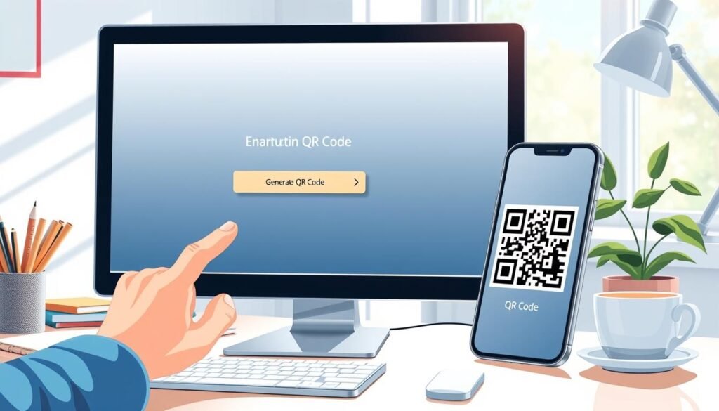 A well-lit, inviting workspace featuring a sleek computer screen displaying a user-friendly QR code generator interface. In the foreground, a hand clicks on the 'Generate QR Code' button, showcasing an easy, intuitive process. To the side, an elegant smartphone displays the newly created QR code, ready for sharing. The background includes soft-focused elements like notebooks, a coffee mug, and a potted plant to convey a warm, productive atmosphere. The scene is bright and airy, emphasizing a productive mood. Natural light filters in from a nearby window, highlighting the modern workspace's clean lines and organized feel. The entire composition exudes a sense of efficiency and creativity in code generation, appealing to users seeking customization.