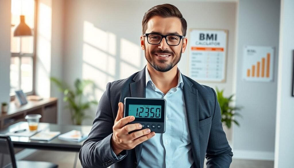 A well-lit, modern office setting with a healthcare-themed ambiance. In the foreground, a professional man in smart casual attire, standing confidently while holding a digital BMI calculator device in his hands, displaying numbers clearly. His expression is focused and reassuring, symbolizing trust in technology for health tracking. In the middle background, a sleek desk with health magazines and a potted plant, conveying a sense of wellness. Soft, natural light streams through a window, creating a welcoming atmosphere. On a nearby wall, a visual representation of ideal BMI ranges can be faintly seen, adding context without distracting from the main subject. The overall mood is motivational and encouraging, emphasizing a proactive approach to health management.