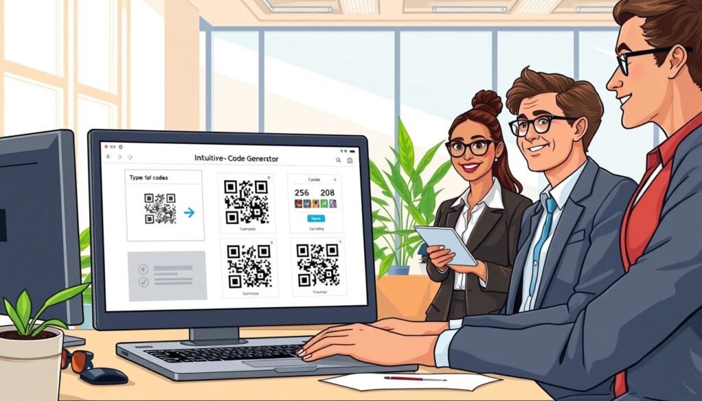 A well-lit office environment showcasing a diverse group of business professionals interacting with a computer. In the foreground, a laptop screen displays an intuitive QR code generator interface, with vivid examples of generated codes. To the side, a colleague points at the screen, while another takes notes, both dressed in professional business attire. In the middle, an attractive workspace features plants and modern design elements, adding a vibrant atmosphere. The background includes a large window with natural light filtering in, creating a warm and inviting space for collaboration. The overall mood is upbeat and encouraging, highlighting the ease of creating QR codes for business use. A well-lit office environment showcasing a diverse group of business professionals interacting with a computer. In the foreground, a laptop screen displays an intuitive QR code generator interface, with vivid examples of generated codes. To the side, a colleague points at the screen, while another takes notes, both dressed in professional business attire. In the middle, an attractive workspace features plants and modern design elements, adding a vibrant atmosphere. The background includes a large window with natural light filtering in, creating a warm and inviting space for collaboration. The overall mood is upbeat and encouraging, highlighting the ease of creating QR codes for business use.