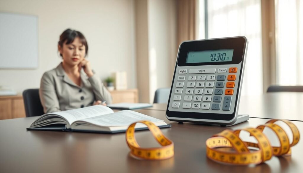 A well-lit office setting focusing on a modern BMI index calculator displayed prominently on a sleek desk. In the foreground, a professional woman in a smart, modest business outfit sits at the desk, thoughtfully entering her weight and height into the calculator, her expression focused and engaged. The middle ground features an open notebook with BMI calculation notes and a measuring tape coiled neatly beside it. The background reveals a window with soft, natural light streaming in, creating an inviting atmosphere. The overall mood is one of professionalism and health consciousness, highlighting the importance of tracking one’s weight for personal well-being. The image should capture clarity, with a focus on the woman and the calculator, using a soft depth of field to enhance the central elements. A well-lit office setting focusing on a modern BMI index calculator displayed prominently on a sleek desk. In the foreground, a professional woman in a smart, modest business outfit sits at the desk, thoughtfully entering her weight and height into the calculator, her expression focused and engaged. The middle ground features an open notebook with BMI calculation notes and a measuring tape coiled neatly beside it. The background reveals a window with soft, natural light streaming in, creating an inviting atmosphere. The overall mood is one of professionalism and health consciousness, highlighting the importance of tracking one’s weight for personal well-being. The image should capture clarity, with a focus on the woman and the calculator, using a soft depth of field to enhance the central elements.
