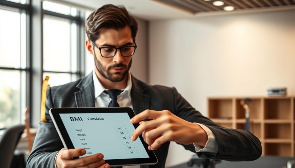 A well-lit, professional setting showcasing a male figure in a smart-casual outfit, attentively using a BMI calculator displayed on a modern tablet. The foreground features the tablet screen, clearly showing the BMI calculator interface with inputs for height and weight. In the middle ground, the man is focused, with a thoughtful expression as he enters his data, while a measuring tape and a scale are subtly visible beside him, hinting at the process of tracking fitness. The background includes a sleek office environment with soft, natural lighting filtering through a window, creating a calm and inviting atmosphere. The image conveys a sense of determination and health consciousness, ideal for illustrating the usage of a BMI calculator.