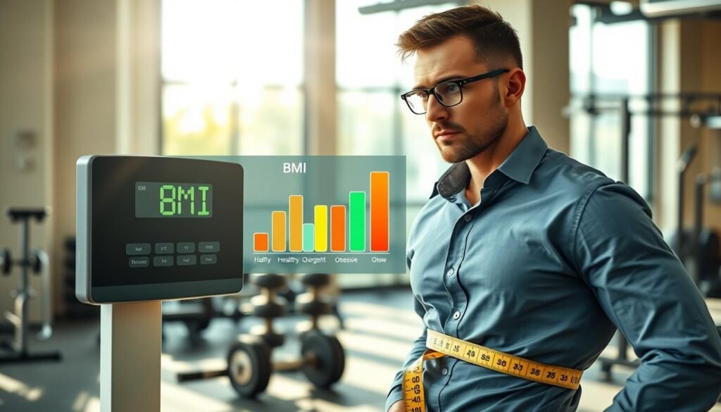 A well-lit scene illustrating the concept of Body Mass Index (BMI) for men's health. In the foreground, a confident, athletic man in business attire stands with a measuring tape around his waist, looking thoughtfully at a digital BMI scale. His expression shows determination and focus. In the middle, an infographic displaying BMI ranges is subtly integrated, featuring vibrant colors and clear indicators for healthy, overweight, and obese categories. The background includes a soft-focus gym setting with weights and fitness equipment, conveying a sense of health and wellness. Natural daylight pours in through large windows, creating an uplifting atmosphere. The camera angle captures the scene from a low perspective, emphasizing the importance of tracking health metrics through BMI.