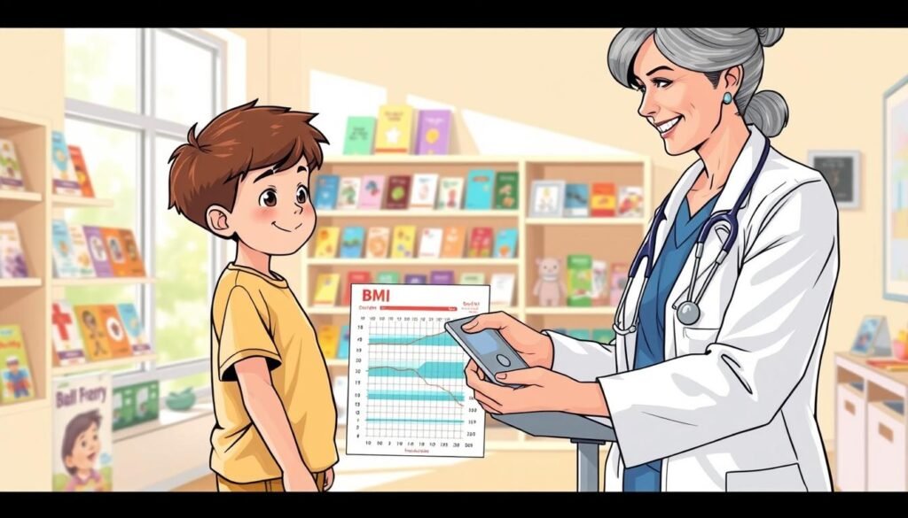 A well-organized and informative scene depicting a pediatrician measuring the Body Mass Index (BMI) of a young child in a bright, welcoming clinic setting. In the foreground, the pediatrician, a middle-aged woman in professional attire, smiles gently as she uses a BMI chart and scale to measure the child’s height and weight. The child, a cheerful 8-year-old boy wearing a bright T-shirt and shorts, looks curious and engaged. In the middle ground, shelves filled with colorful health brochures and educational toys create a friendly atmosphere. The background features soft pastel colors with natural light streaming through large windows, giving the scene a warm, inviting feel. The overall mood is supportive and educational, emphasizing the importance of health and wellness for children.