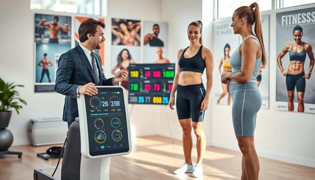 A well-organized fitness studio setting, featuring a clean, modern space with a body composition analyzer prominently placed in the foreground. A professional consultant in business casual attire stands beside the device, attentively explaining the process to a client dressed in modest workout gear, emphasizing a personalized approach to health metrics. In the middle ground, a digital display shows various body composition metrics such as body fat percentage, muscle mass, and BMI readings, rendered in vibrant colors. The background consists of fitness posters displaying diverse individuals engaging in different exercises, promoting an inclusive atmosphere. Soft, natural lighting streams through large windows, creating a welcoming and informative vibe, with a shallow depth of field to focus attention on the interaction between the consultant and the client. A well-organized fitness studio setting, featuring a clean, modern space with a body composition analyzer prominently placed in the foreground. A professional consultant in business casual attire stands beside the device, attentively explaining the process to a client dressed in modest workout gear, emphasizing a personalized approach to health metrics. In the middle ground, a digital display shows various body composition metrics such as body fat percentage, muscle mass, and BMI readings, rendered in vibrant colors. The background consists of fitness posters displaying diverse individuals engaging in different exercises, promoting an inclusive atmosphere. Soft, natural lighting streams through large windows, creating a welcoming and informative vibe, with a shallow depth of field to focus attention on the interaction between the consultant and the client.