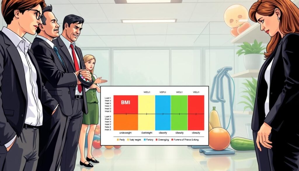 A well-organized graphic illustration depicting the concept of Body Mass Index (BMI) and associated health risks. In the foreground, a diverse group of individuals in professional business attire (e.g., suit and dress shirt for men, smart blazer and blouse for women) standing together, some looking at a handheld BMI calculator wheel. In the middle ground, an educational chart outlining the BMI categories (underweight, normal weight, overweight, obesity) presented in vibrant colors for clarity. In the background, a serene health-themed environment with soft lighting, including elements like fruits, vegetables, and exercise equipment. The mood conveys a sense of awareness and empowerment around health and fitness, with a soft focus lens that enhances the informative atmosphere.