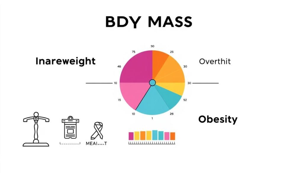 A well-organized infographic illustrating body mass categories, featuring clear segments for Underweight, Healthy Weight, Overweight, and Obesity. In the foreground, include simple, stylized icons representing each category with corresponding visual elements (e.g., scales, measuring tapes). In the middle, a pie chart or bar graph summarizing BMI ranges along with color-coded categories, clearly showing distinctions. In the background, soft, neutral tones to create a calm and informative atmosphere, evoking a sense of professionalism and clarity. Use soft, even lighting to enhance visibility and ensure that all elements stand out without distractions. The overall mood is educational and approachable, perfect for an informative health article. No human figures should be present in this composition.