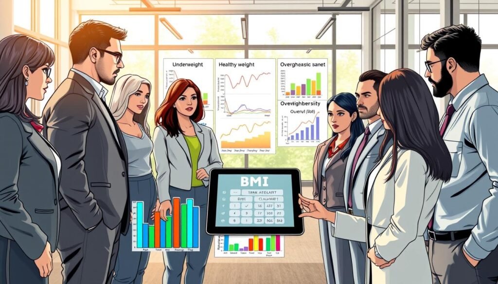 A well-organized scene illustrating the concept of Body Mass Index (BMI). In the foreground, feature a diverse group of individuals of varying body types, dressed in professional business attire, engaged in a discussion around a digital tablet displaying a BMI calculator interface. The middle ground includes various colorful graphs and charts depicting BMI categories, such as underweight, healthy weight, overweight, and obesity. The background showcases a modern office environment, bathed in soft natural light from large windows, creating a warm and inviting atmosphere. Use a slight aerial angle to provide an overview of the scene, emphasizing the importance of understanding BMI for personal health tracking. The overall mood is informative and supportive, promoting positive discussions about health awareness. A well-organized scene illustrating the concept of Body Mass Index (BMI). In the foreground, feature a diverse group of individuals of varying body types, dressed in professional business attire, engaged in a discussion around a digital tablet displaying a BMI calculator interface. The middle ground includes various colorful graphs and charts depicting BMI categories, such as underweight, healthy weight, overweight, and obesity. The background showcases a modern office environment, bathed in soft natural light from large windows, creating a warm and inviting atmosphere. Use a slight aerial angle to provide an overview of the scene, emphasizing the importance of understanding BMI for personal health tracking. The overall mood is informative and supportive, promoting positive discussions about health awareness.