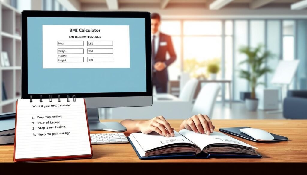 A well-organized workstation showcasing the steps to use a BMI calculator. In the foreground, a computer screen displays a simple and user-friendly BMI calculator interface, clearly showing input fields for weight and height. To the side, a notepad with bullet points summarizing the steps. In the middle, a pair of hands entering data into the calculator, the person is dressed in professional business attire. The background features a bright and modern office setting with soft natural lighting coming from a nearby window, creating a positive and motivational atmosphere. The overall mood is approachable and informative, inviting users to confidently calculate their BMI.