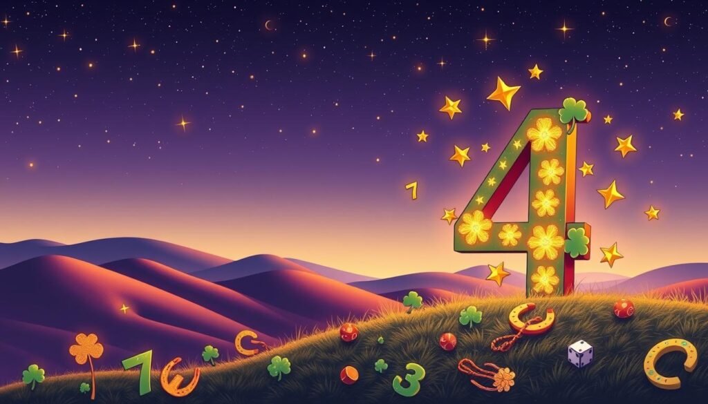 A whimsical and colorful representation of numbers, centered around the concept of luck. In the foreground, prominently feature the number 4, decorated with glimmering stars and surrounded by a soft halo of golden light. Incorporate various other numbers like 7 and 3 in playful arrangements around it, with each number embellished with symbols of luck—like four-leaf clovers, horseshoes, and dice. In the middle ground, include a serene landscape of rolling hills, each hill representing different cultures and their interpretations of lucky numbers, subtly depicted in traditional motifs. The background should feature a twilight sky filled with gradient hues of purple and deep blue, dotted with twinkling celestial bodies, casting a mystical yet comforting glow. The overall mood should evoke wonder and curiosity, encouraging viewers to contemplate what makes numbers lucky. Capture this scene with soft, diffused lighting, emulating a dreamy atmosphere. A whimsical and colorful representation of numbers, centered around the concept of luck. In the foreground, prominently feature the number 4, decorated with glimmering stars and surrounded by a soft halo of golden light. Incorporate various other numbers like 7 and 3 in playful arrangements around it, with each number embellished with symbols of luck—like four-leaf clovers, horseshoes, and dice. In the middle ground, include a serene landscape of rolling hills, each hill representing different cultures and their interpretations of lucky numbers, subtly depicted in traditional motifs. The background should feature a twilight sky filled with gradient hues of purple and deep blue, dotted with twinkling celestial bodies, casting a mystical yet comforting glow. The overall mood should evoke wonder and curiosity, encouraging viewers to contemplate what makes numbers lucky. Capture this scene with soft, diffused lighting, emulating a dreamy atmosphere.