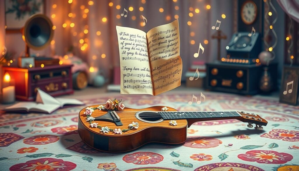 A whimsical and enchanting representation of Taylor Swift's music and creative world, featuring the number 13 prominently. In the foreground, a beautifully adorned vintage guitar lies open on a colorful carpet, adorned with flowers and music notes, symbolizing creativity. In the middle, delicate sheet music with handwritten lyrics floats in the air, merging seamlessly into abstract representations of musical notes and symbols. The background showcases a dreamy environment filled with sparkling lights, soft pastel colors, and hints of Taylor's iconic imagery, such as a vintage record player and fairy lights draping from above. Warm, ambient lighting creates a cozy atmosphere, while a subtle bokeh effect adds depth. The entire scene should evoke a sense of magic and inspiration, capturing the essence of Taylor Swift's artistry and her special connection to the number 13.